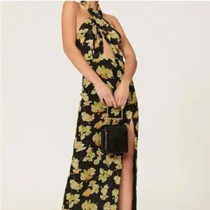 De La Vali - Black Floral - Twist Front Halter Neck Cutout Midi Dress - US 2